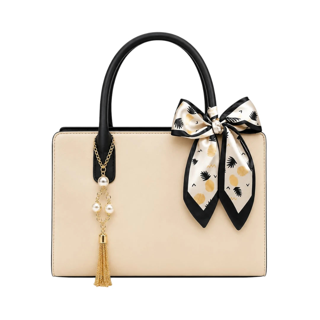 Cison Elegant White Leather Handbag with Pearl Tassel