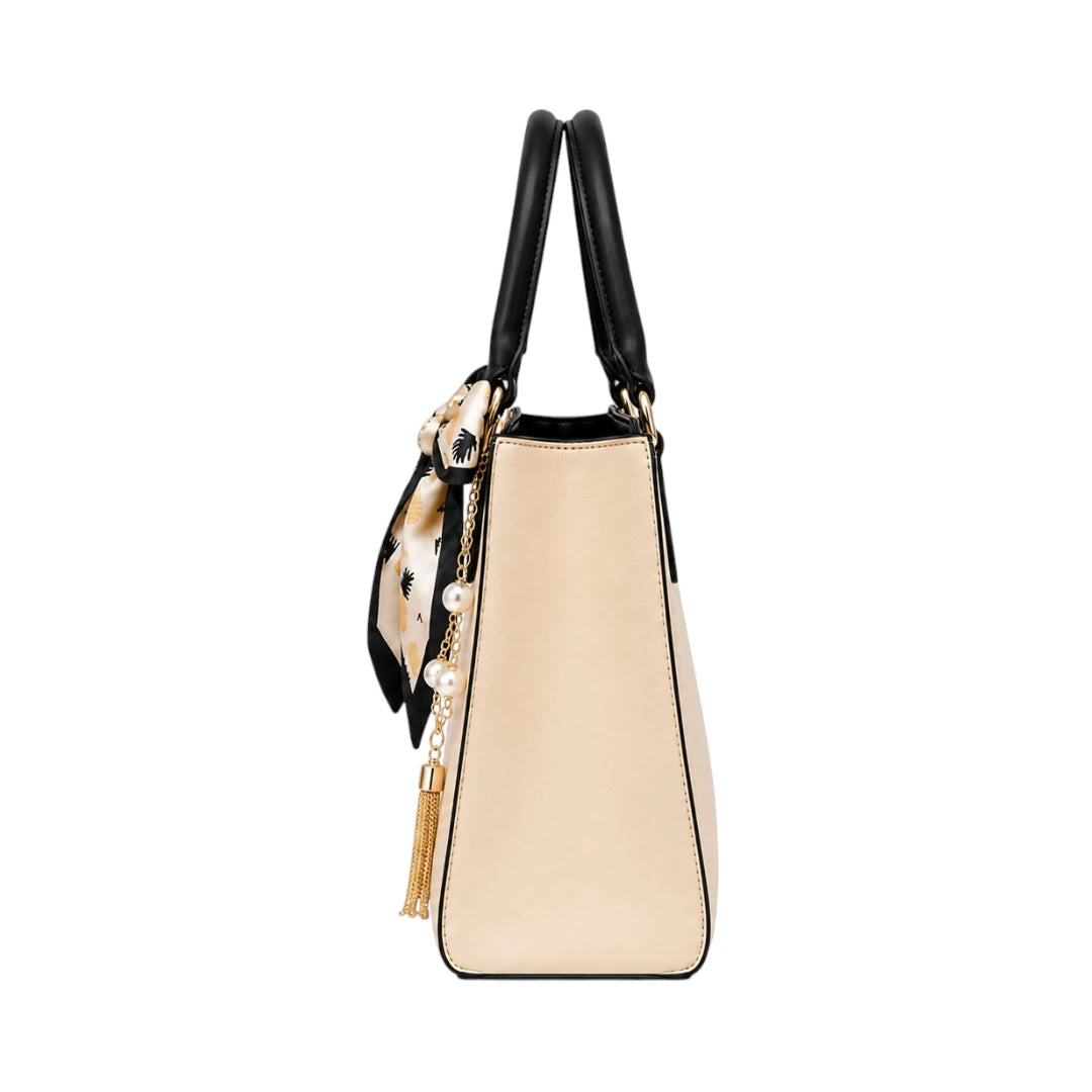 Cison Elegant White Leather Handbag with Pearl Tassel